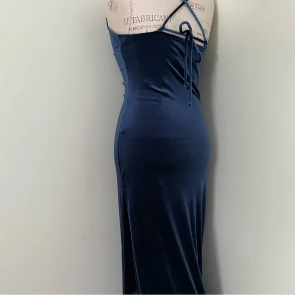 PROM Midnight blue velvet formal dress gown with strappy back and high slit - Picture 4 of 16